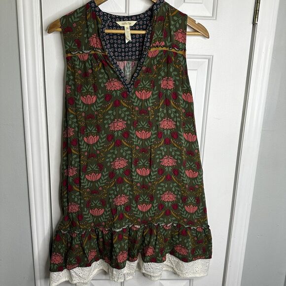 Matilda Jane Breaking Ground Green Floral Print Lace Trim Shift Dress Sz XS - Picture 2 of 9
